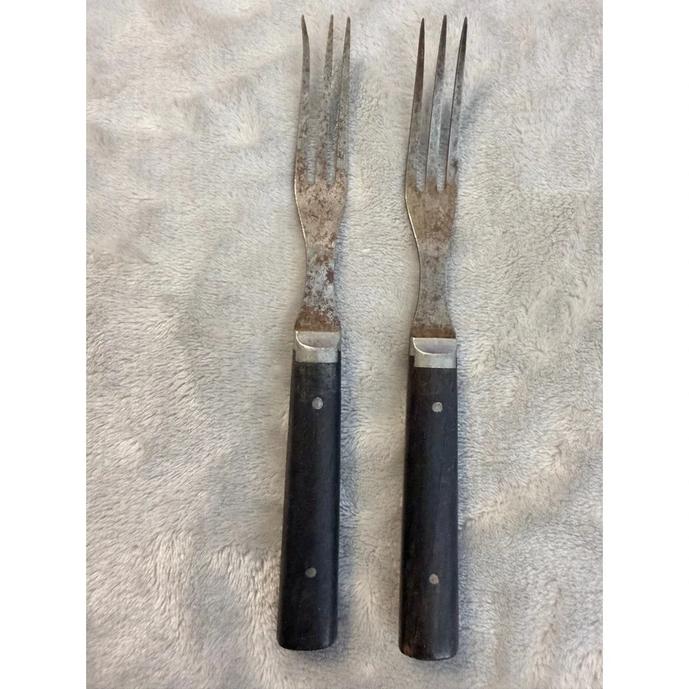 Vintage Mid Century 2 Prong Carving Serving Forks Wood Handles‎ Set of 2